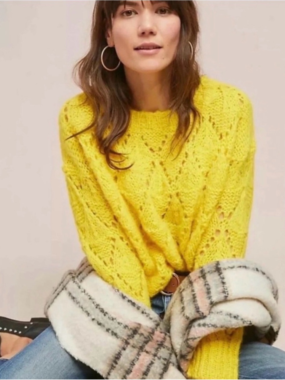 Anthropologie Bright Yellow Diamond Open-Knit Crewneck Sweater